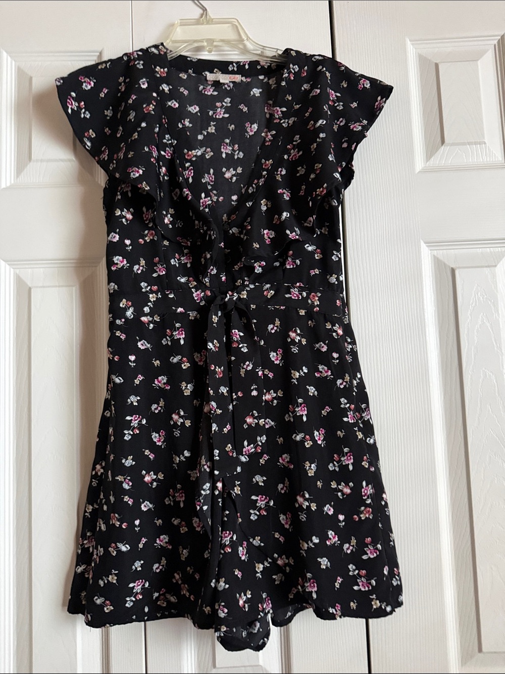 Black Floral Tie-Front Kids Dress with Ruffle Trim